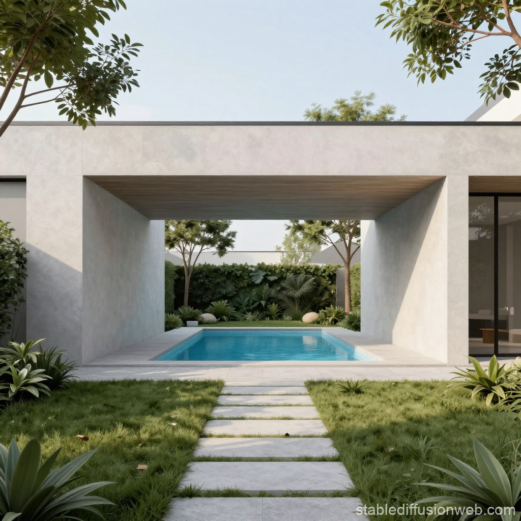 Minimalist Modern Building with Pool and Garden