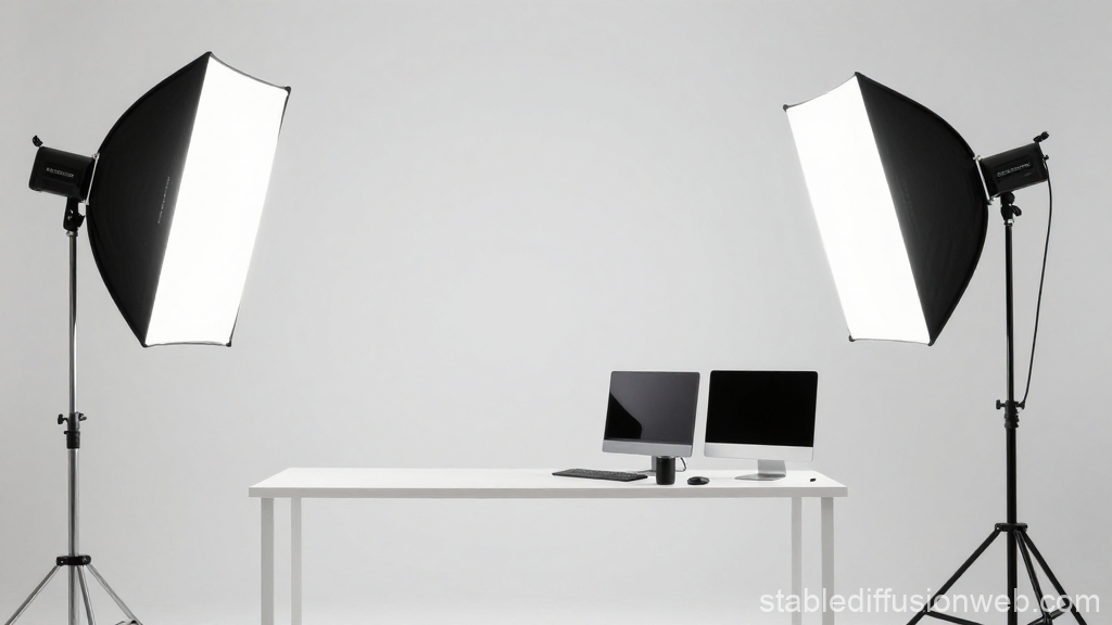 Minimalist Photo Studio Setup with Dual Softbox Lights and Computer Monitors