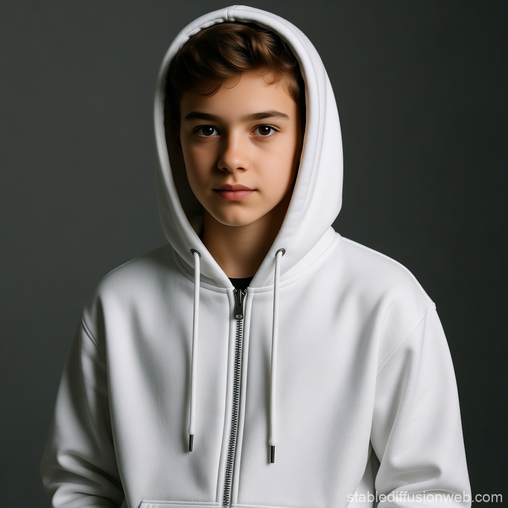 Minimalist Portrait of a Young Person in White Zip Hoodie