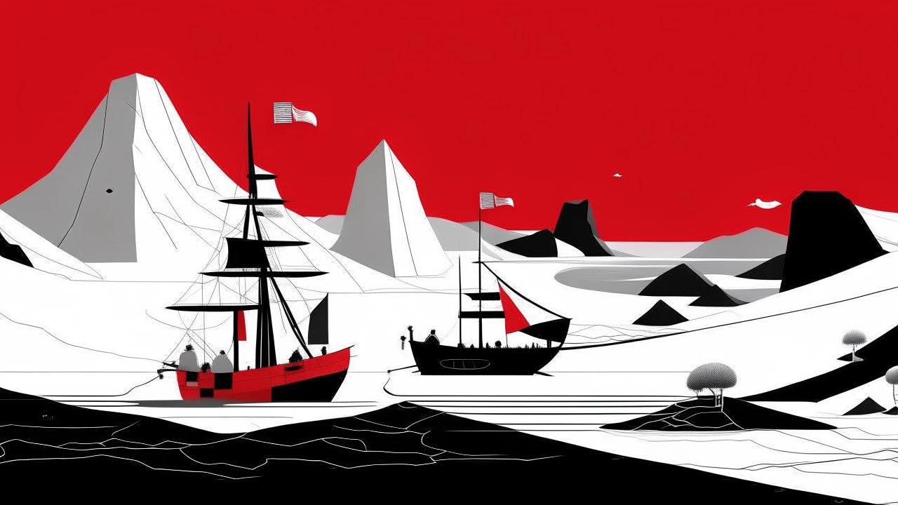 Minimalist Red and Black Sailing Ships in Abstract Landscape