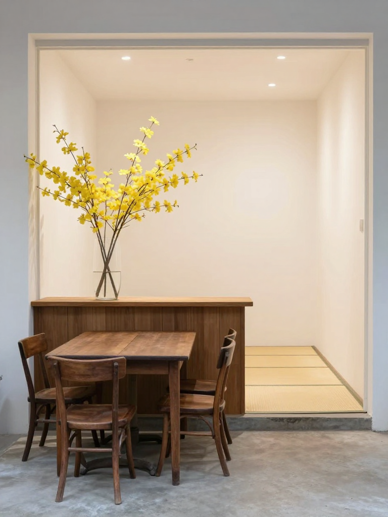 Minimalist Shop Entrance with Wooden Furniture and Yellow Flowers