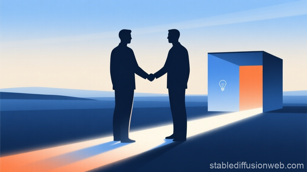 Minimalist Silhouettes Shaking Hands with Lighted Cube