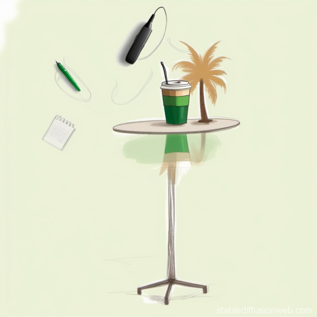 Minimalist Table with Coffee and Palm Tree Illustration
