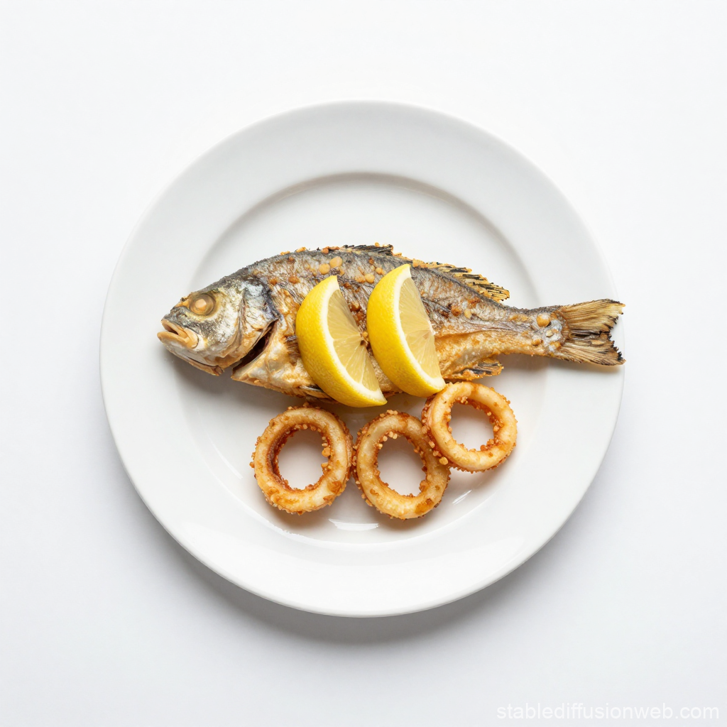 Minimalist Top-Down View of Fried Fish with Lemon and Calamari Rings