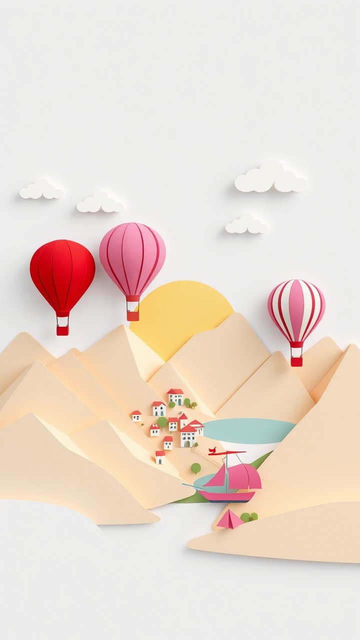 Minimalist Vector Art of Hot Air Balloons Over a Mountain Village