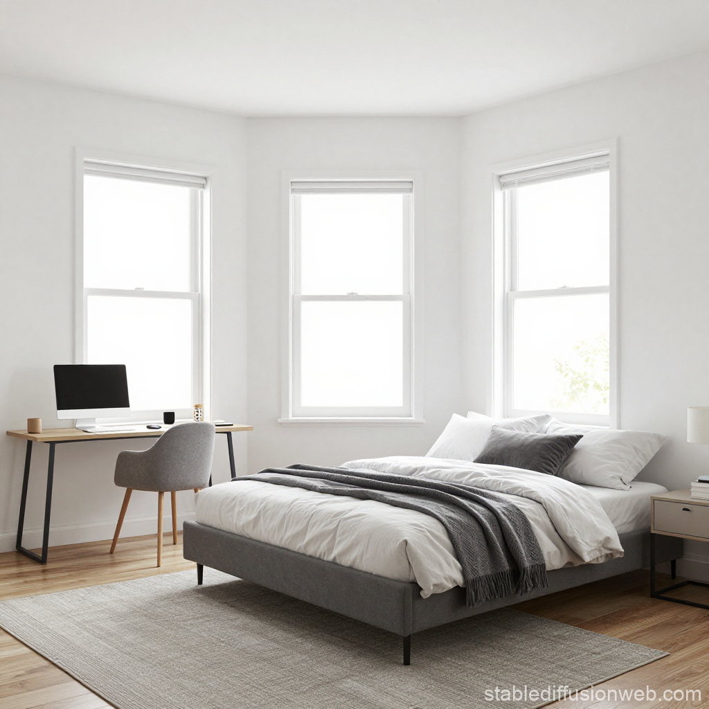 Minimalist White Bedroom with Workspace and Natural Light