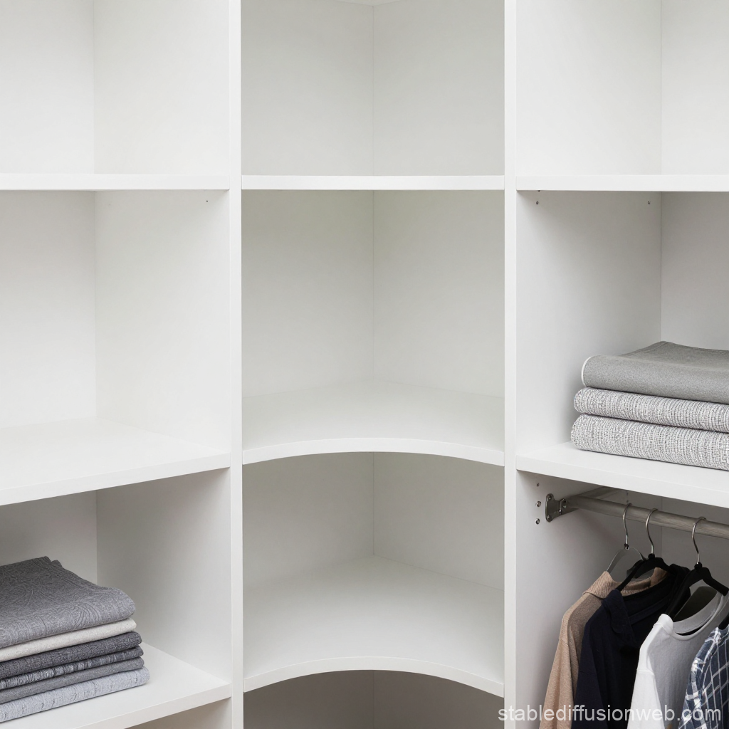 Minimalist White Corner Closet with Folded Clothes and Hanging Shirts