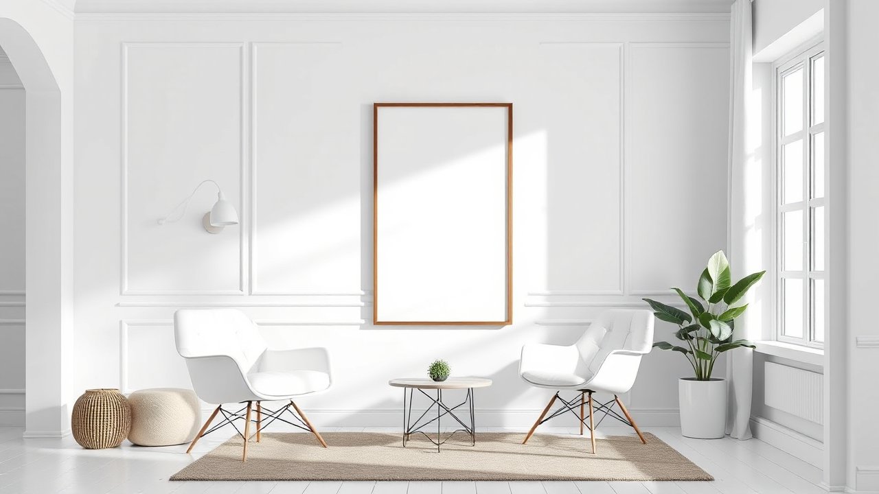 Minimalist White Living Room with Blank Poster Frame