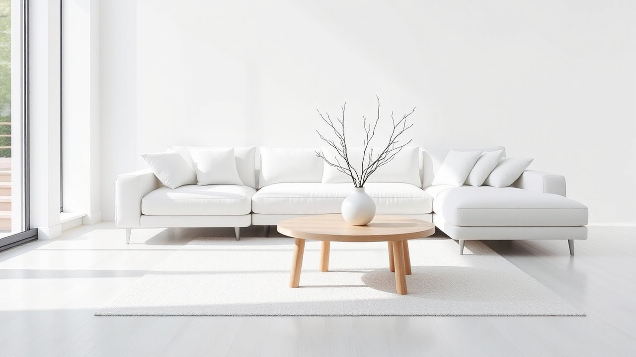 Minimalist White Living Room with Modern Sofa and Wooden Coffee Table
