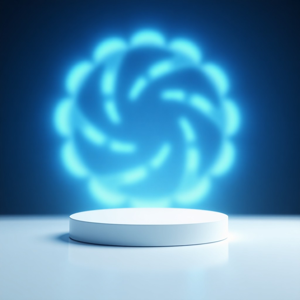 Minimalist White Podium with Glowing Blue Abstract Spiral