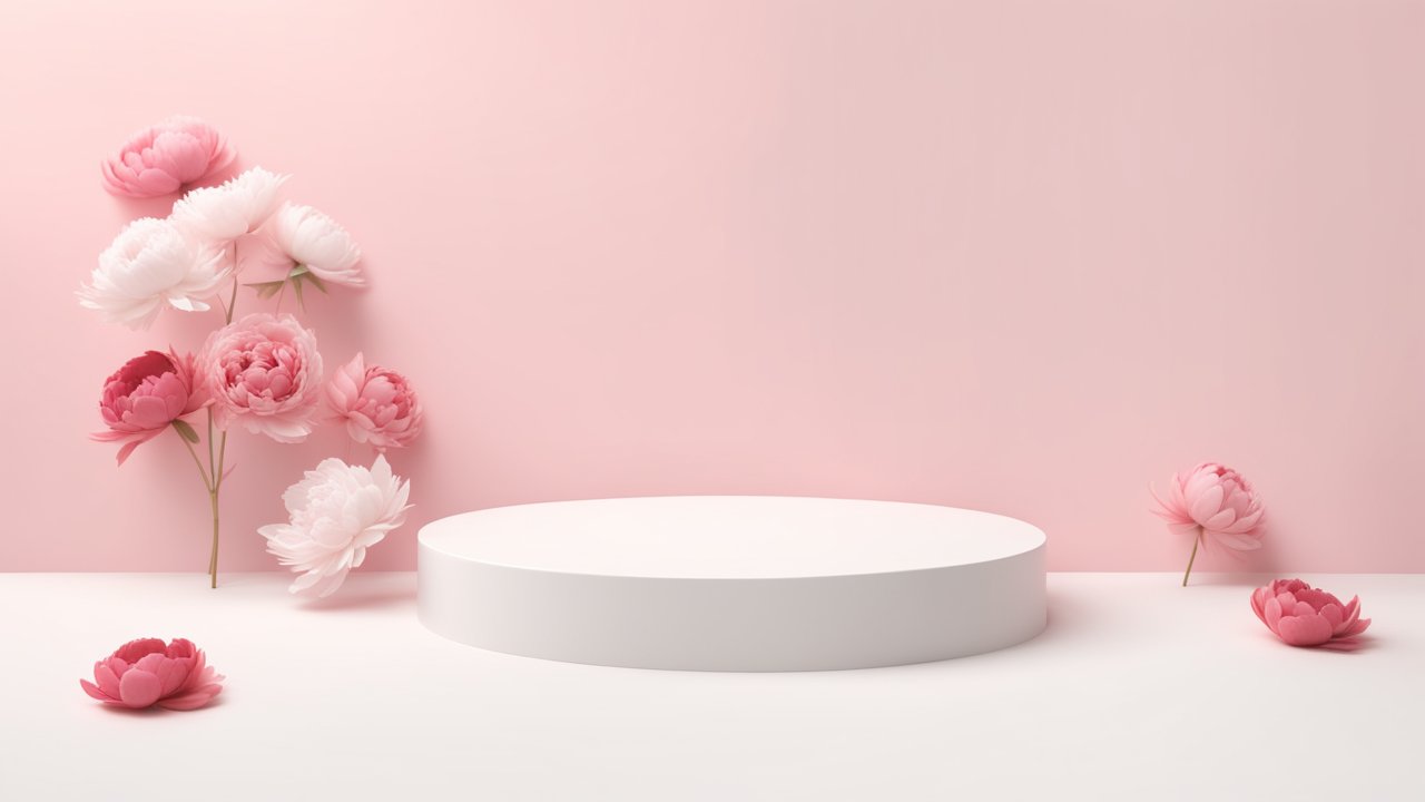 Minimalist White Podium with Pink Flowers on Soft Pink Background