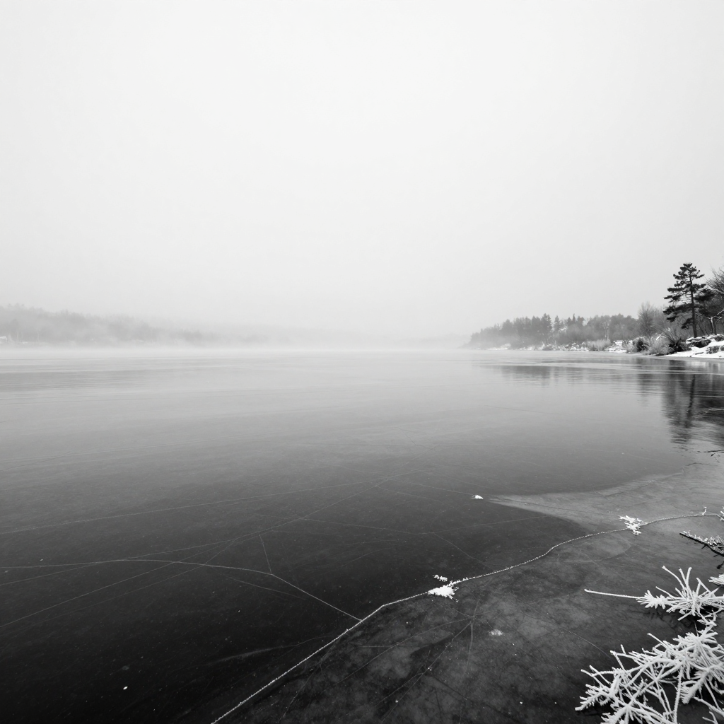 Minimalist Winter Lake Landscape in Fog