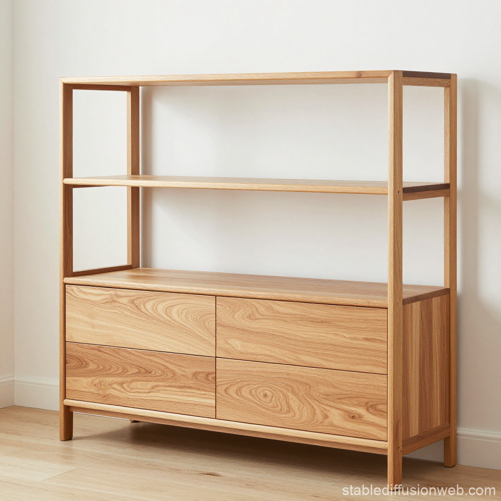 Minimalist Wooden Shelf with Drawers in Natural Finish