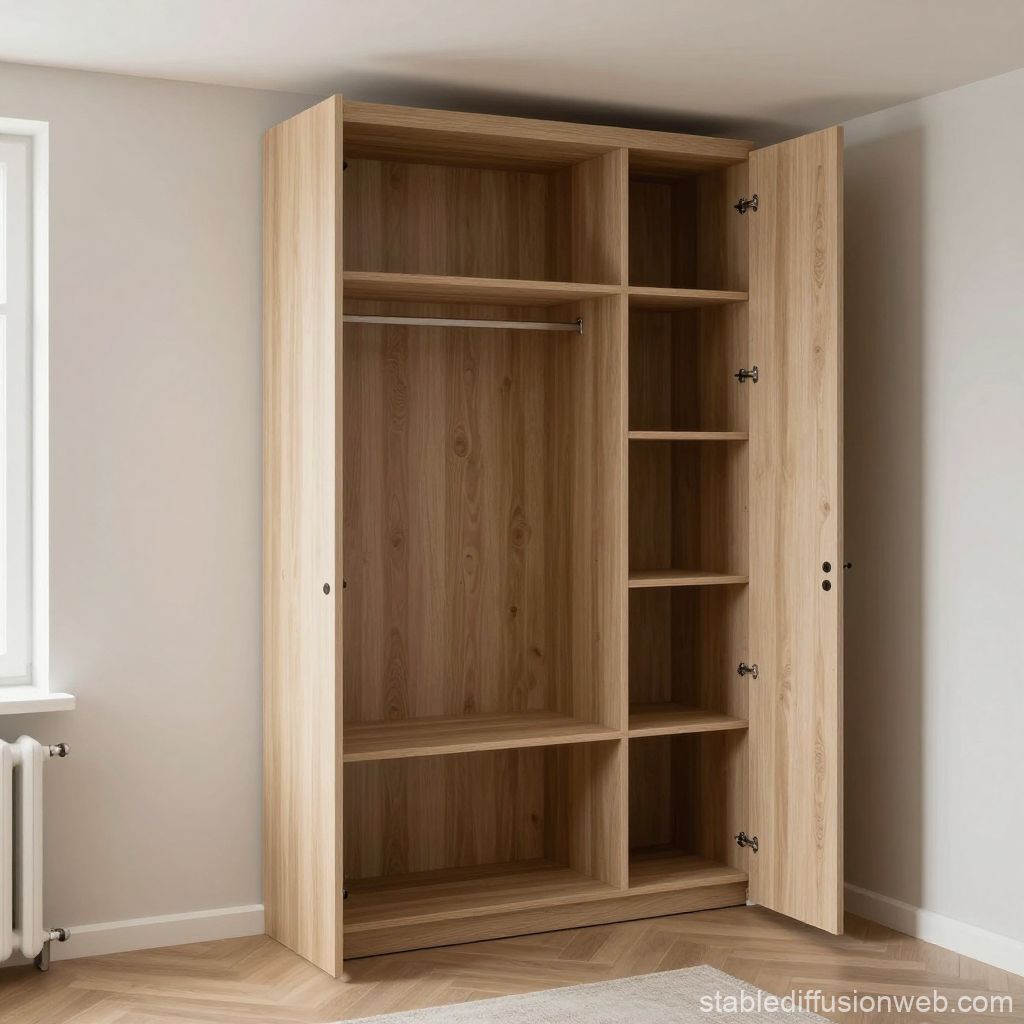 Minimalist Wooden Wardrobe with Open Doors in Modern Room
