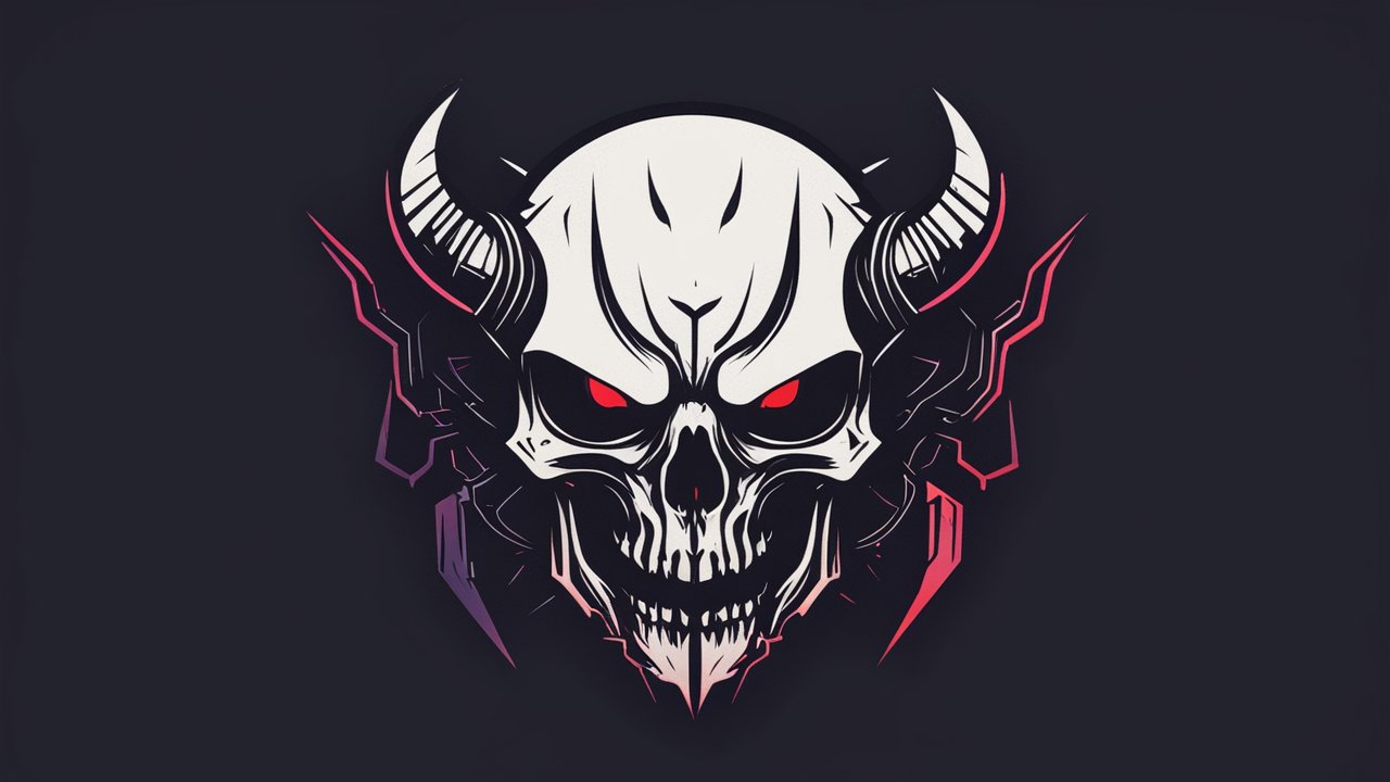 Minimalistic Demon Skull Logo with Horns and Red Eyes