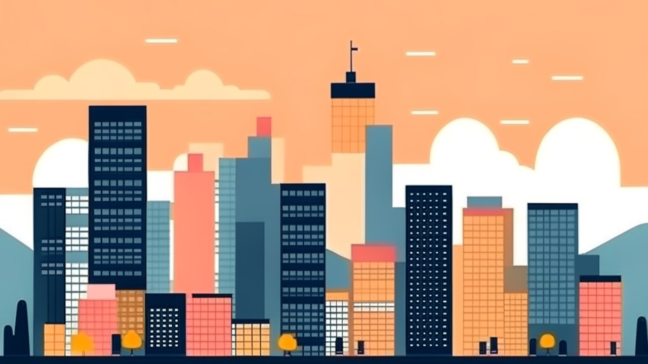 Minimalistic Modern Cityscape Illustration at Sunset