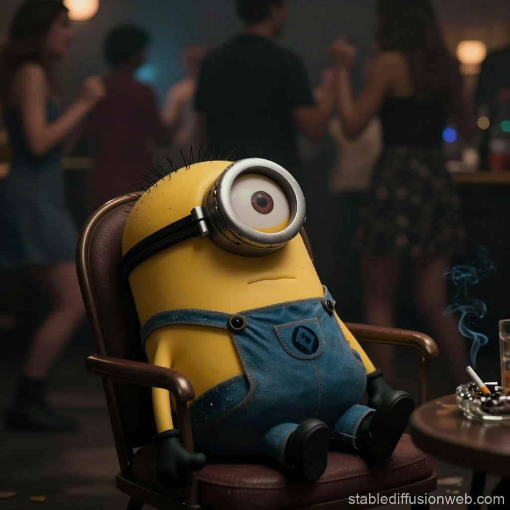 Minion Sitting Thoughtfully in a Dimly Lit Room