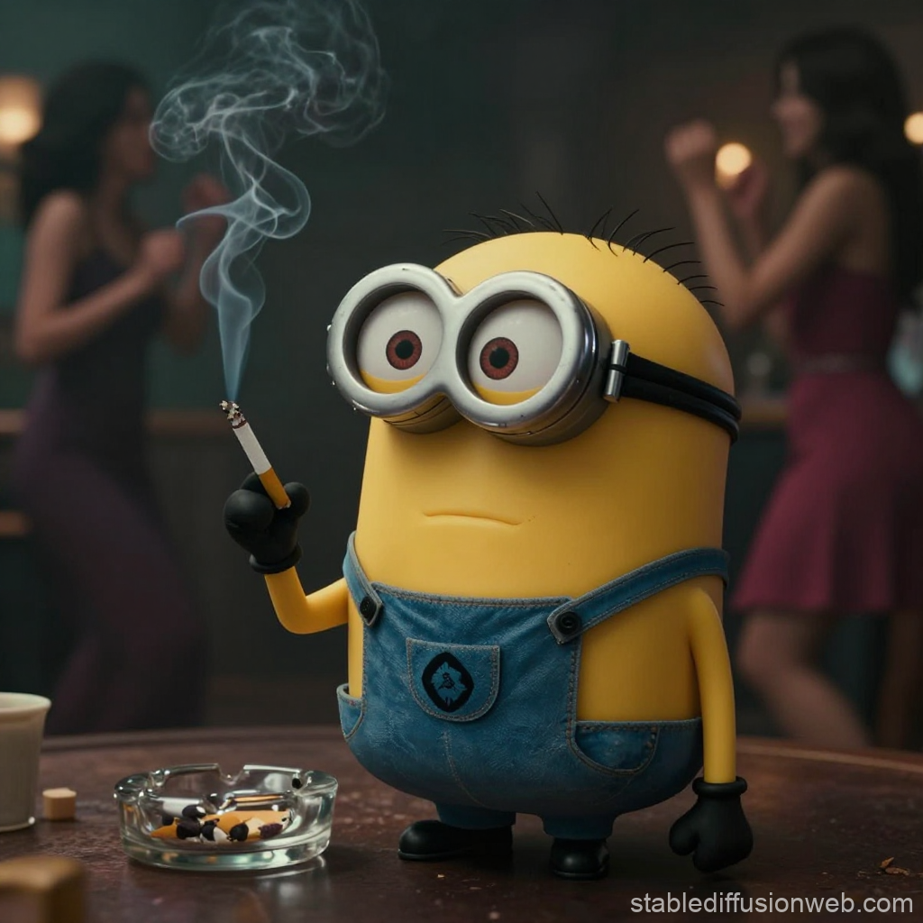 Minion Smoking a Cigarette in a Dimly Lit Bar