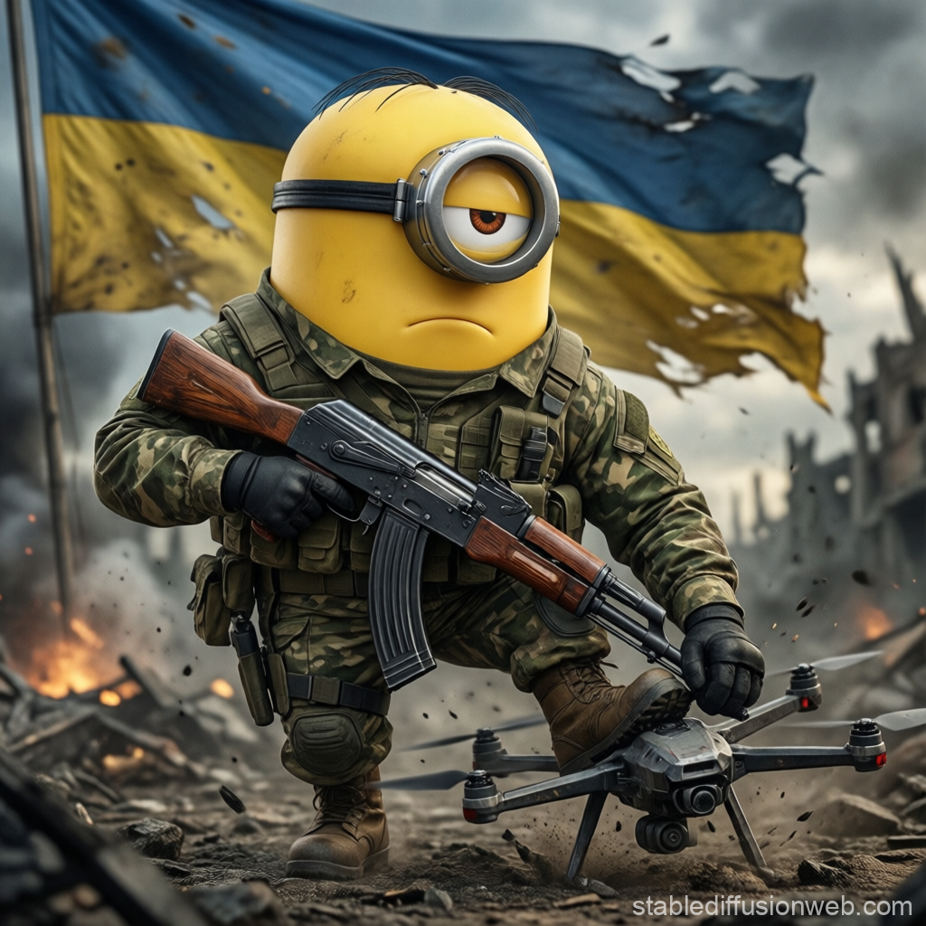 Minion Soldier in Combat Gear with Ukrainian Flag