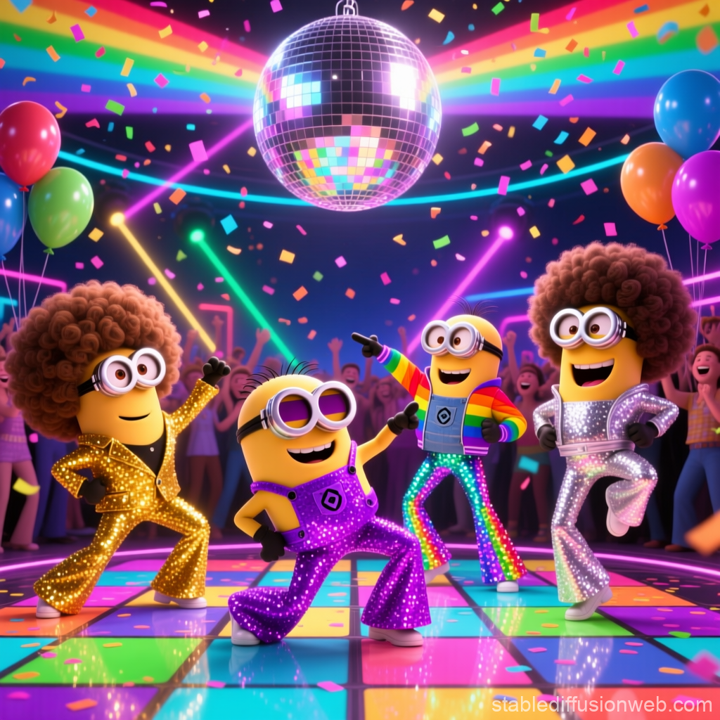 Minions Disco Dance Party with Colorful Outfits and Disco Ball
