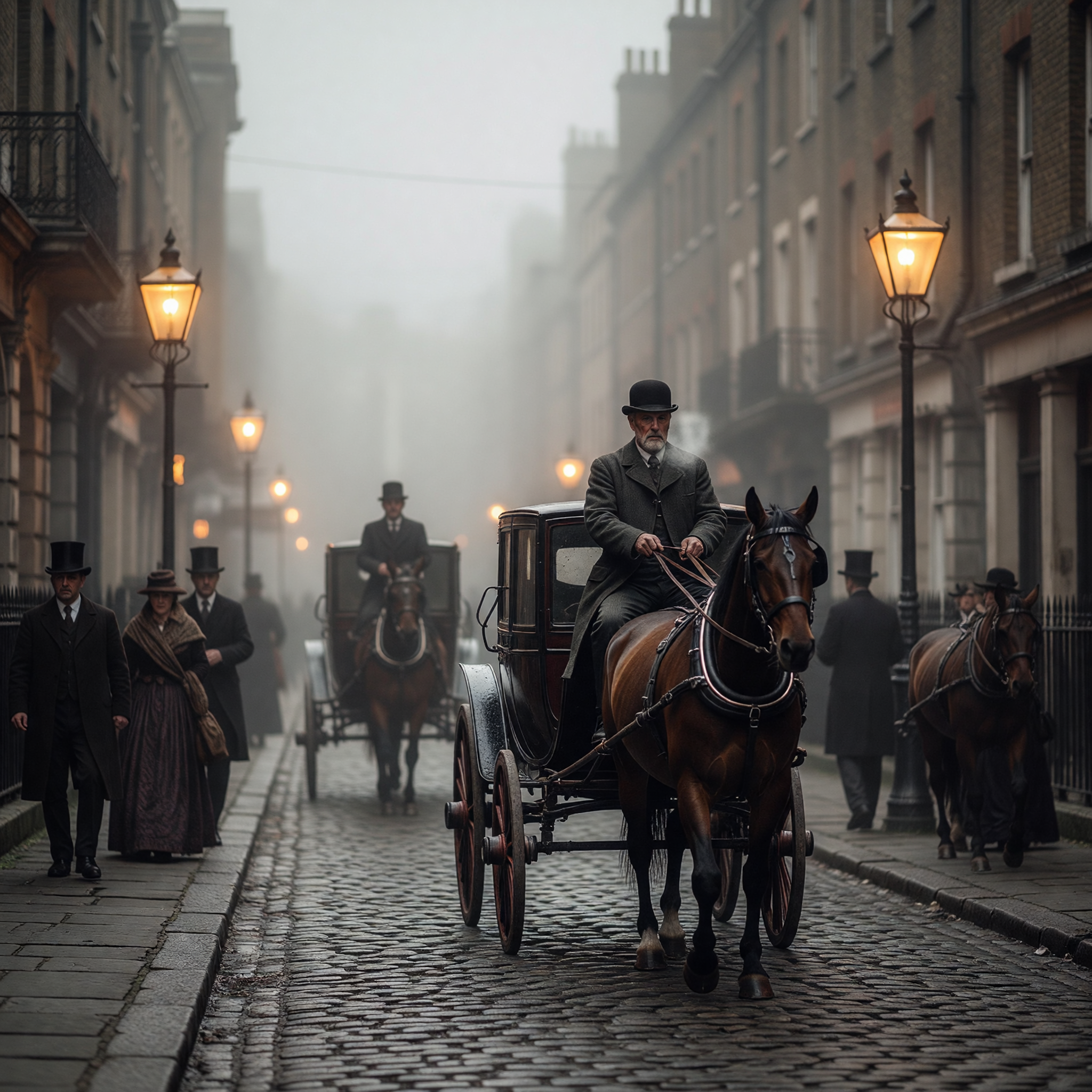 Misty 1890s London Street with Horse-Drawn Carriages