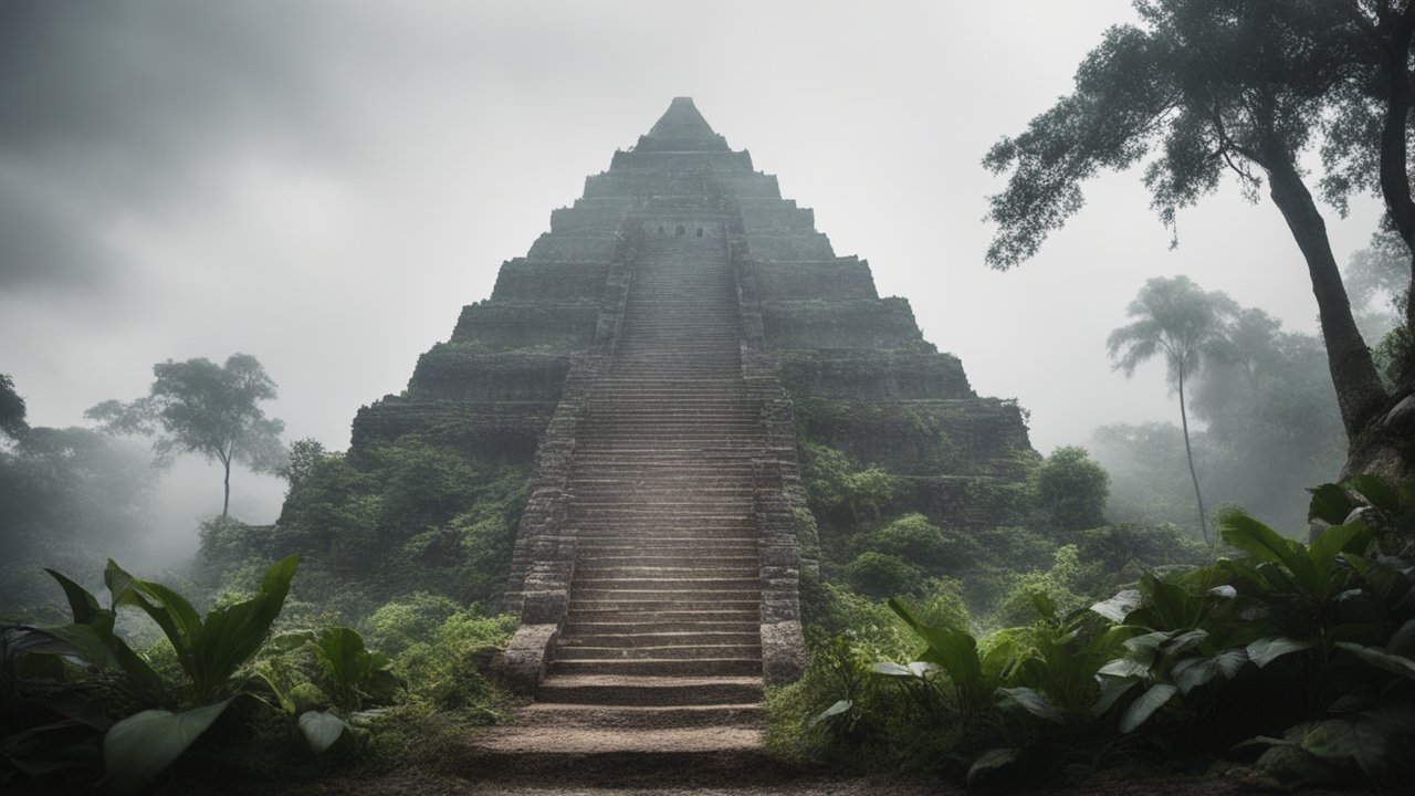 Misty Ancient Pyramid in Lush Jungle