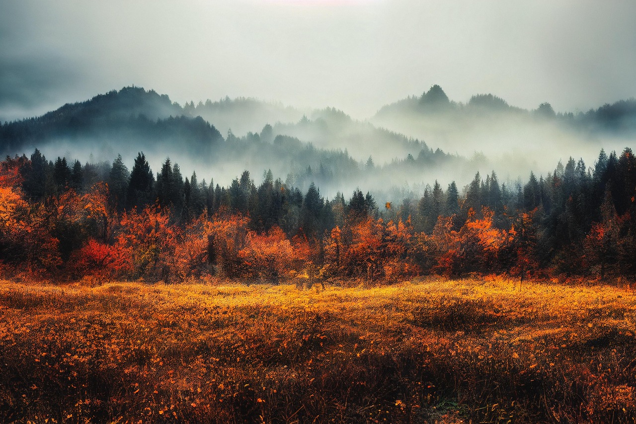 Misty Autumn Forest Landscape with Vibrant Foliage