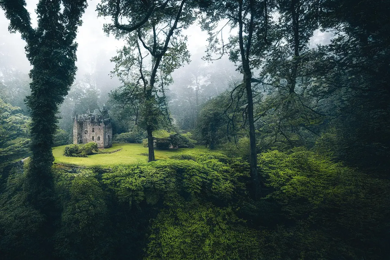 Misty Forest Clearing with Ancient Stone Castle