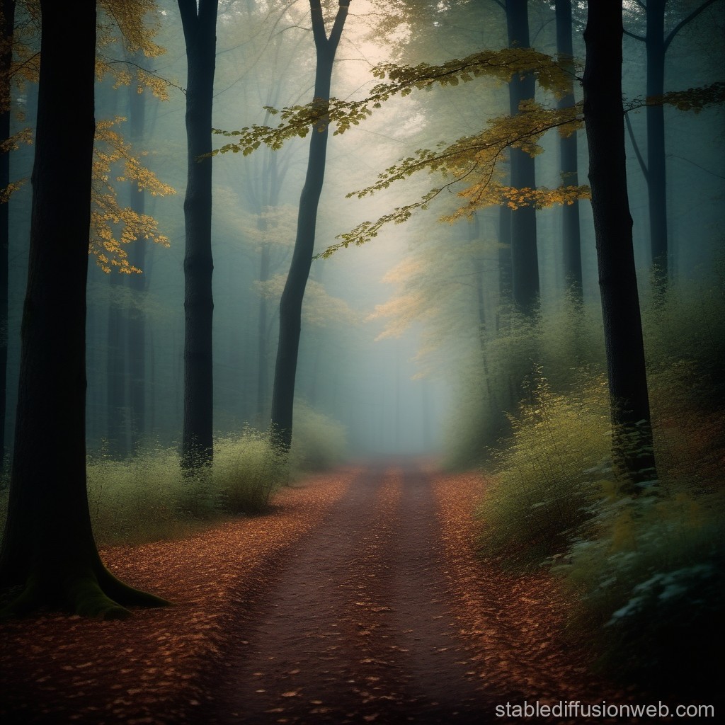 Misty Forest Path in Autumn