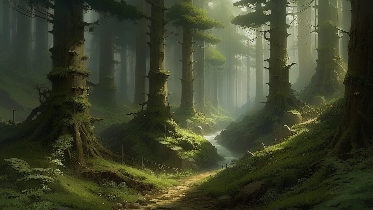 Misty Forest Path with Stream in a Sparse Woodland