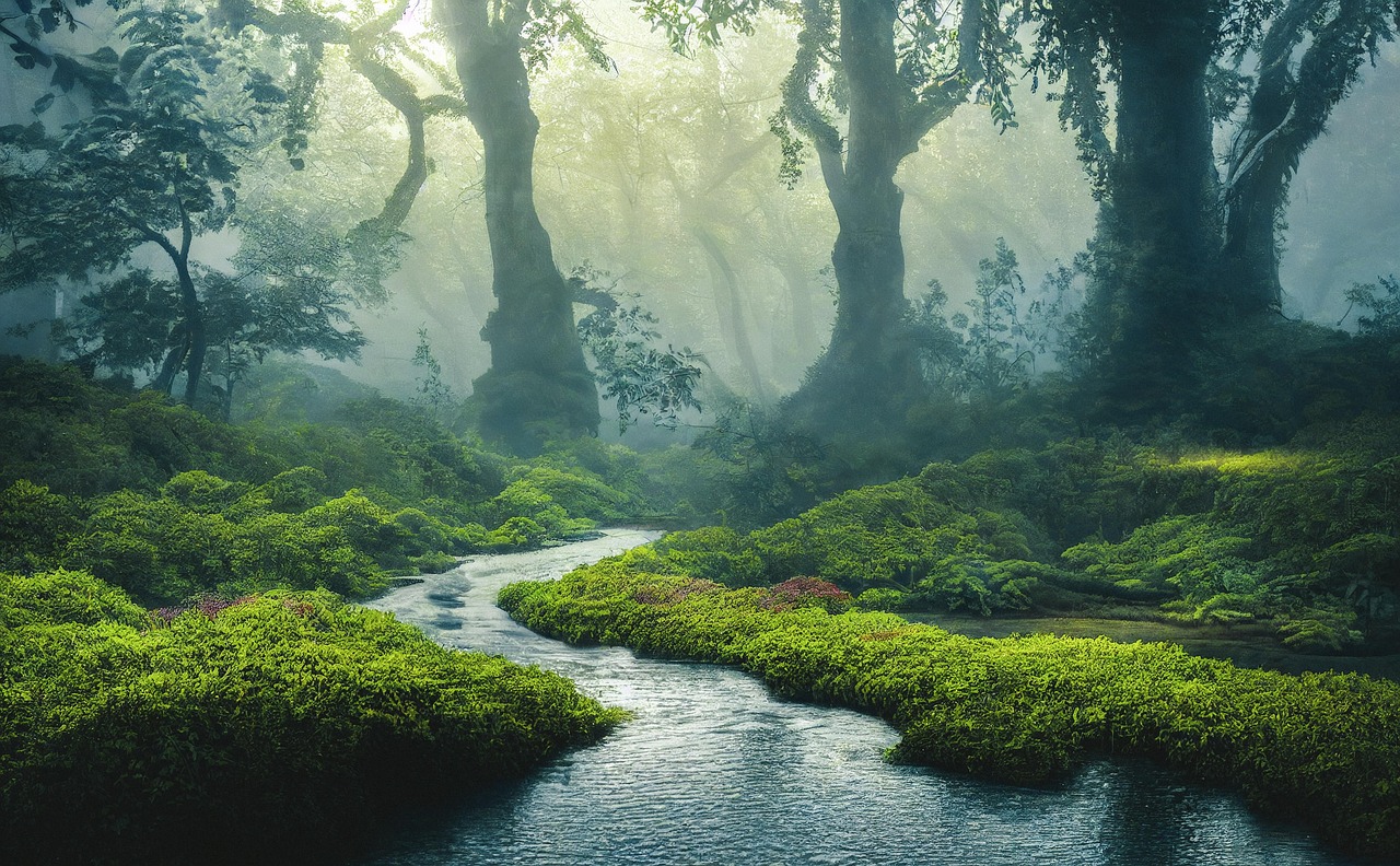 Misty Forest Stream with Lush Greenery