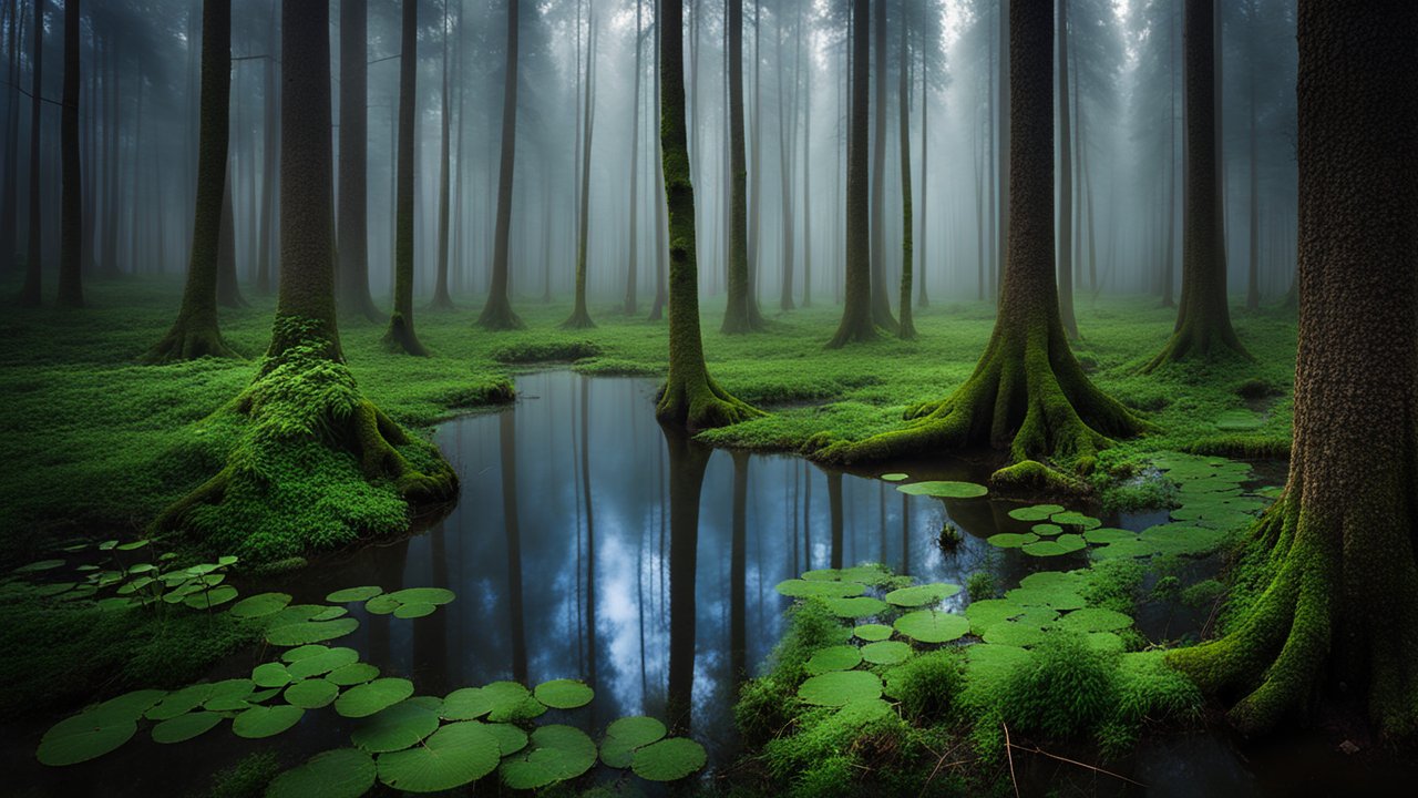 Misty Forest with Moss-Covered Trees and Reflective Pond