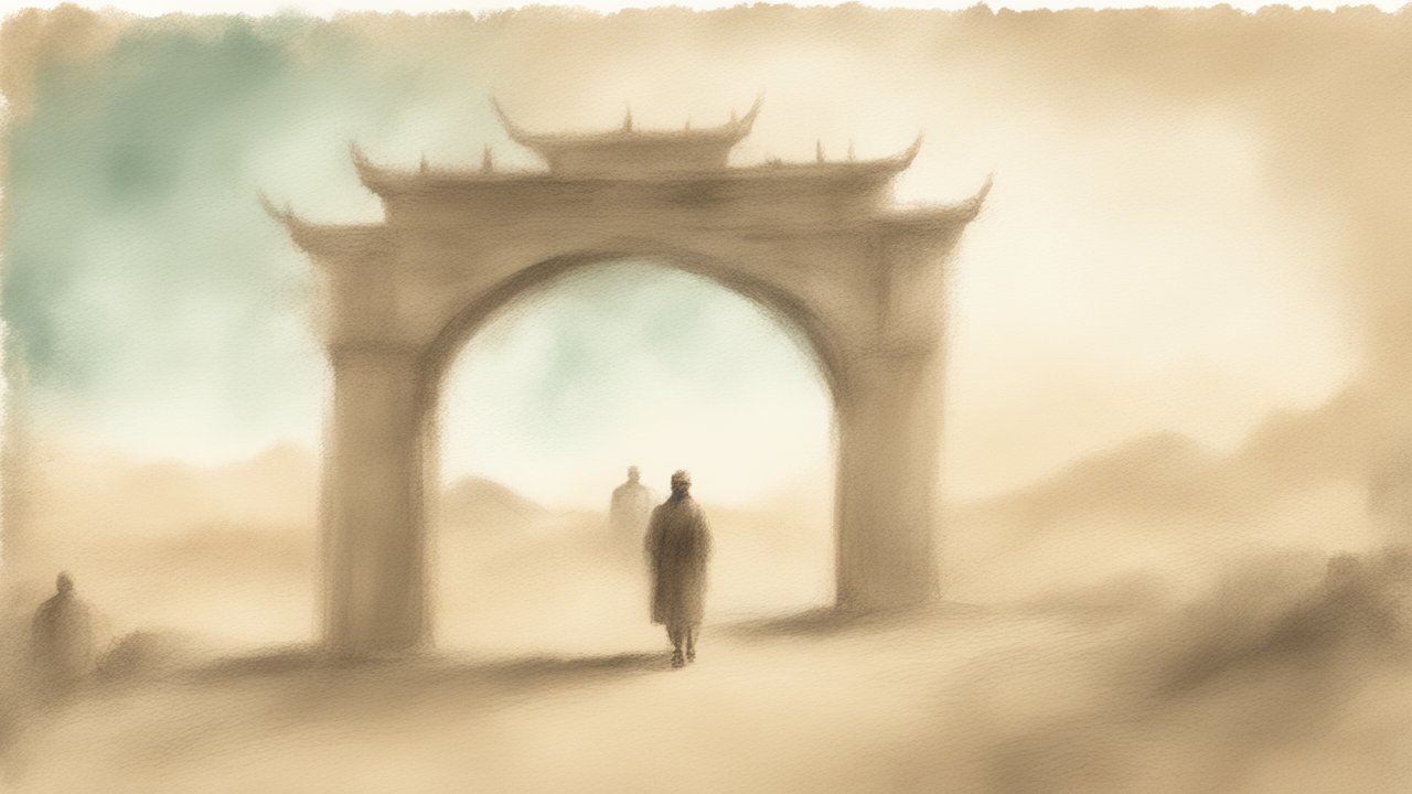 Misty Gateway with Silhouetted Figures in Soft Painting