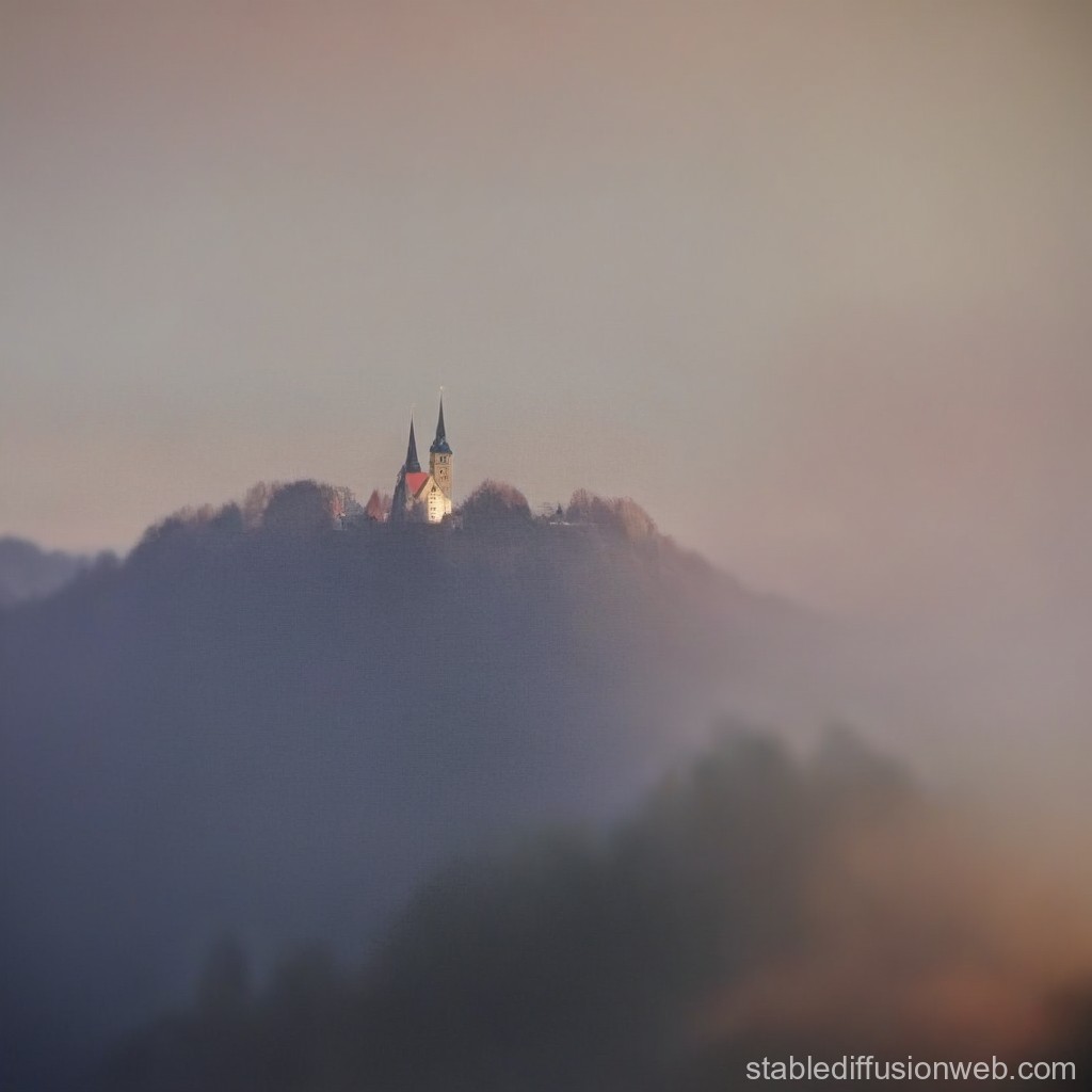Misty Hilltop Church at Dawn