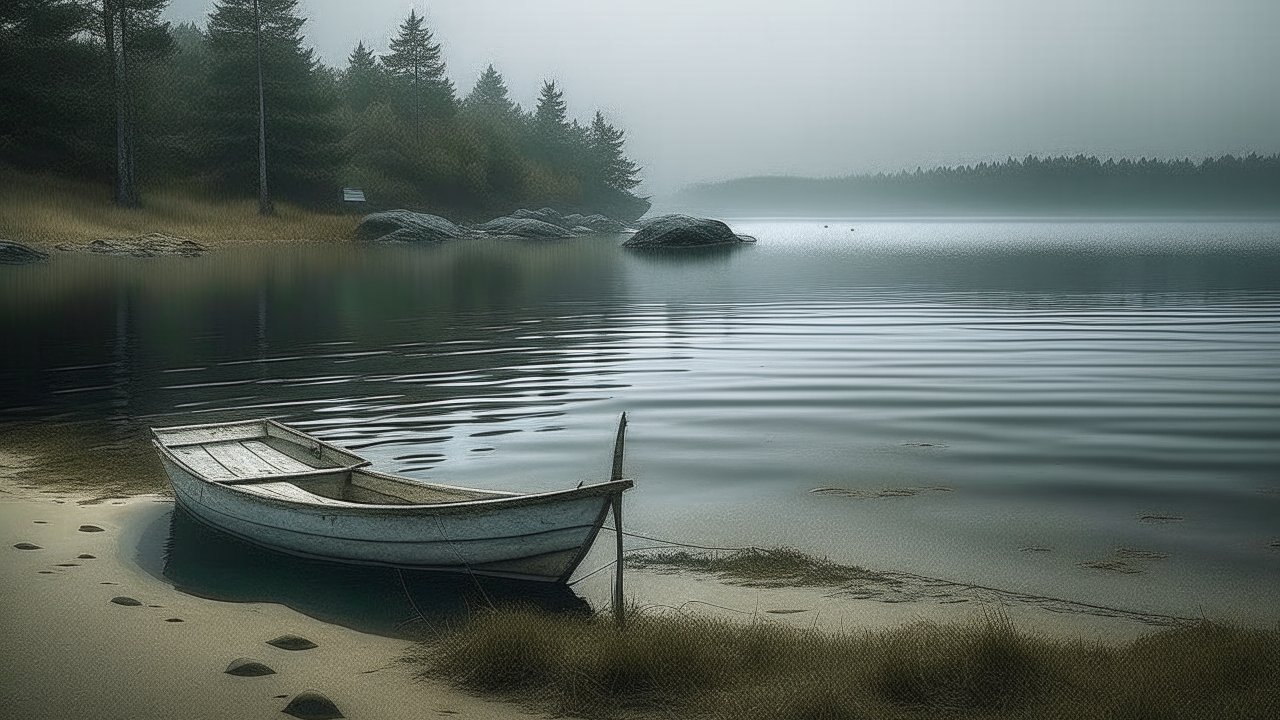 Misty Lake with a Small Boat at Shore