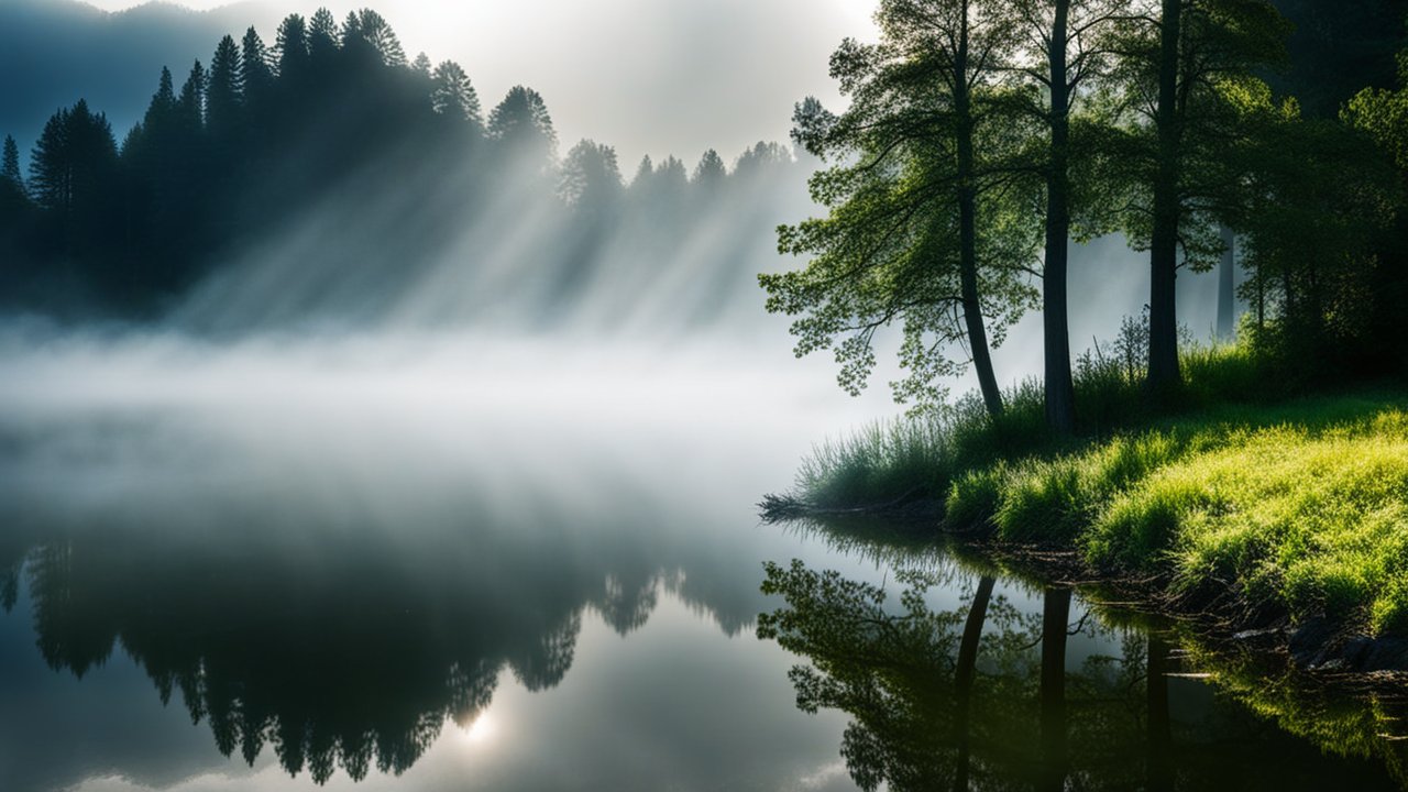 Misty Morning Light Over Serene Lake