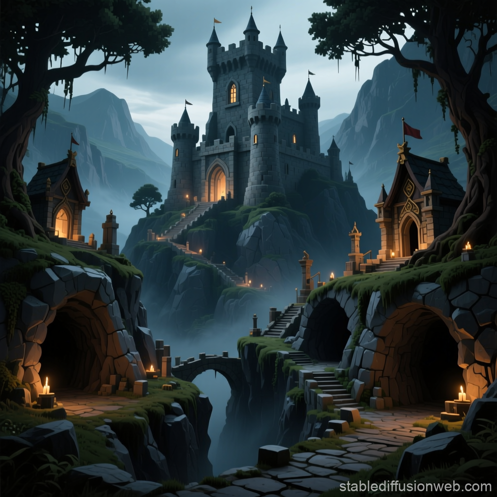 Misty Mountain Castle with Stone Bridges and Lanterns