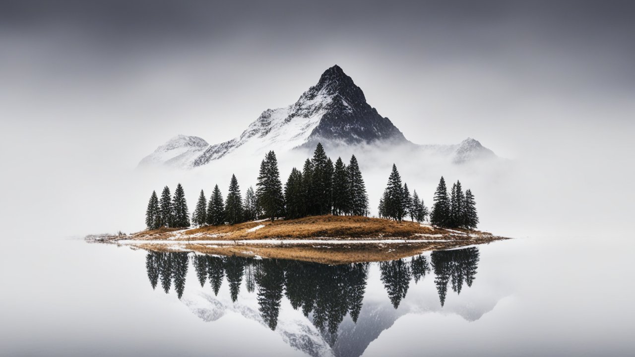 Misty Mountain Island Reflection in Calm Lake