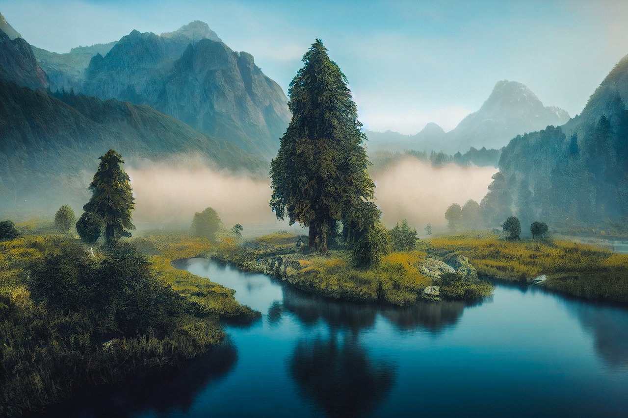 Misty Mountain Lake with Towering Trees