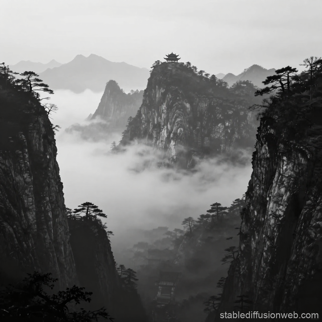 Misty Mountain Landscape with Traditional Pavilion
