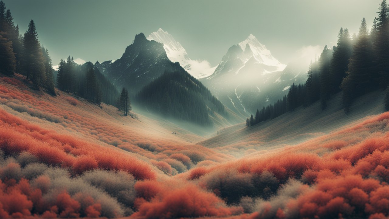 Misty Mountain Valley with Vibrant Red Foliage