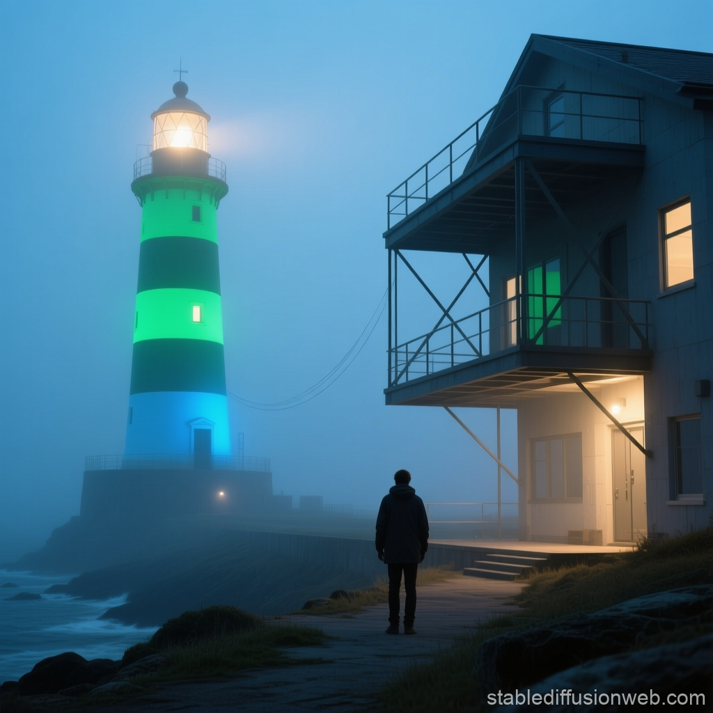 Misty Night by the Illuminated Lighthouse