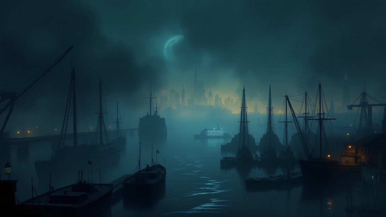 Misty Night Harbor with Distant City Skyline