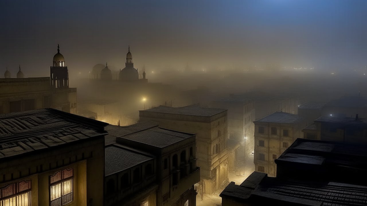 Misty Night Over Historic Cityscape