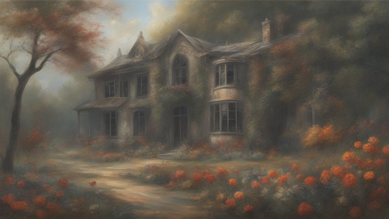 Misty Old Mansion Surrounded by Autumn Flowers