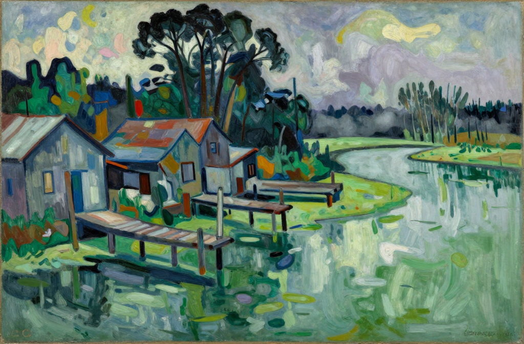 Misty Port Town by the River