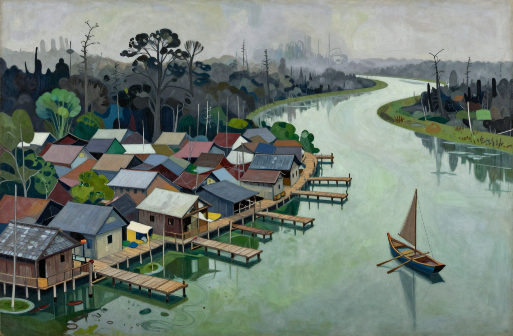 Misty Riverside Village with Boat