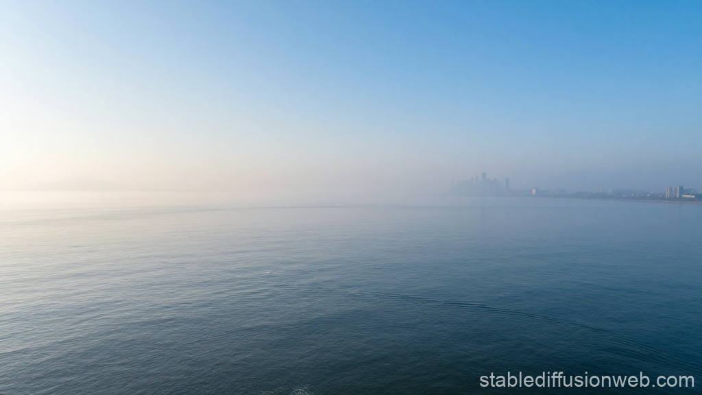 Misty Sea with Distant City Skyline at Dawn