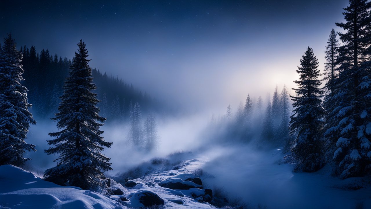 Misty Snowy Forest Under a Starry Night Sky