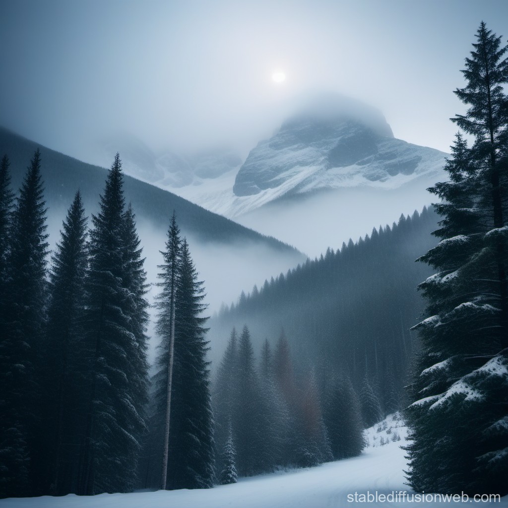 Misty Snowy Mountain Landscape at Dawn